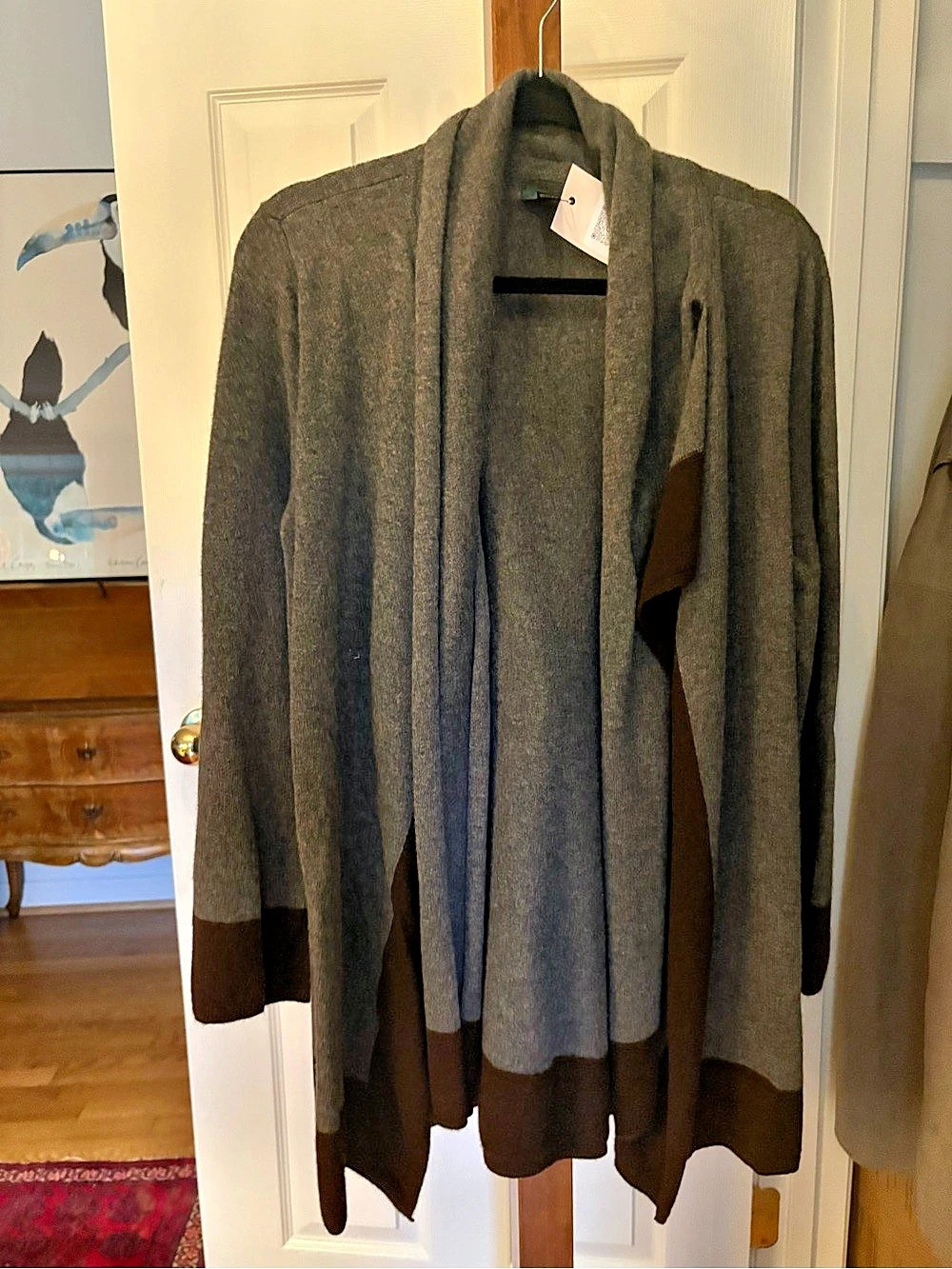 Lauren Ralph Lauren Wool Cashmere Colorblock Scarf Neck Cardigan Gray & Brown